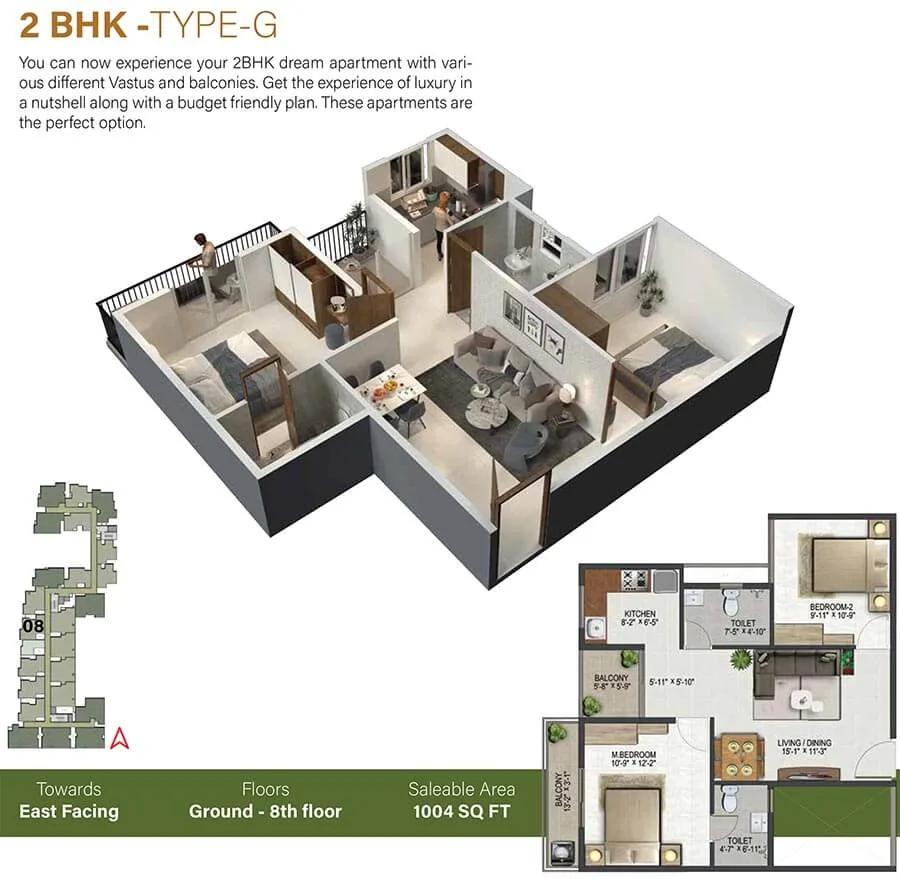 Sowparnika Olivia Nest 2 BHK floor plan, about 1,004 sq ft