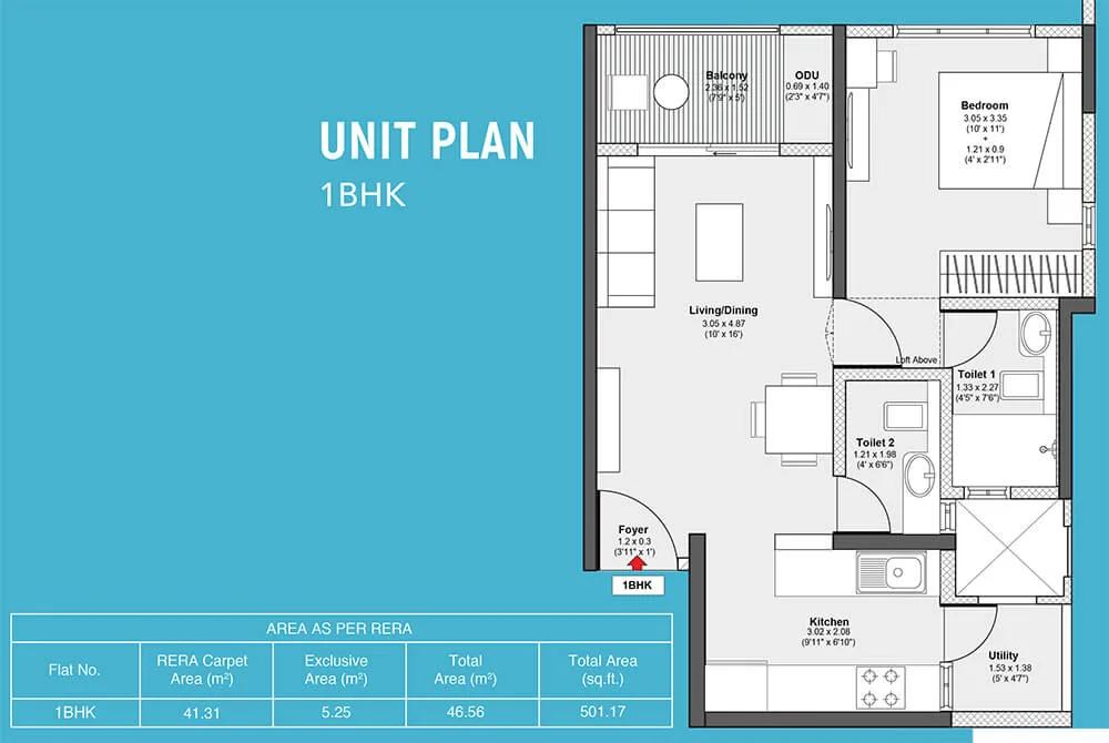 Godrej Serene 1 BHK floor plan, about 501 sq ft