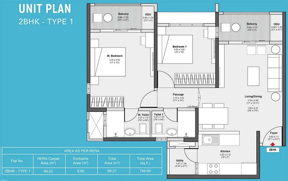 Godrej Serene 2 BHK floor plan, about 746 sq ft