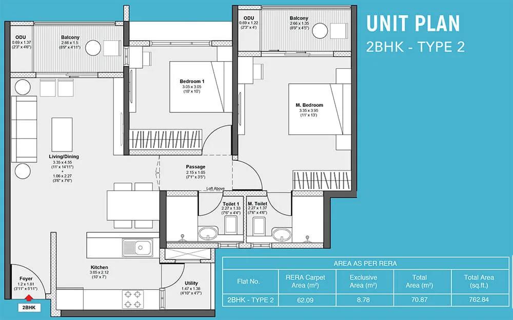 Godrej Serene 2 BHK floor plan, about 762 sq ft