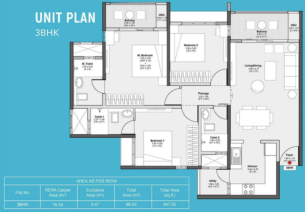 Godrej Serene 3 BHK floor plan, about 947 sq ft