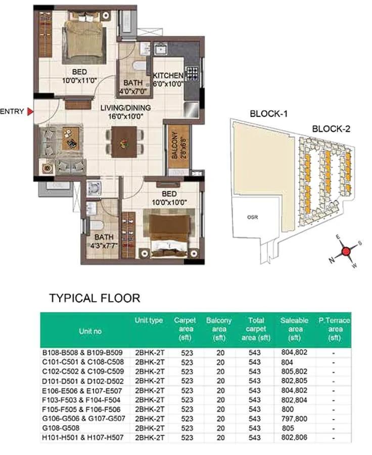 Casagrand SouthBrooke 2 BHK floor plan, about 800 sq ft