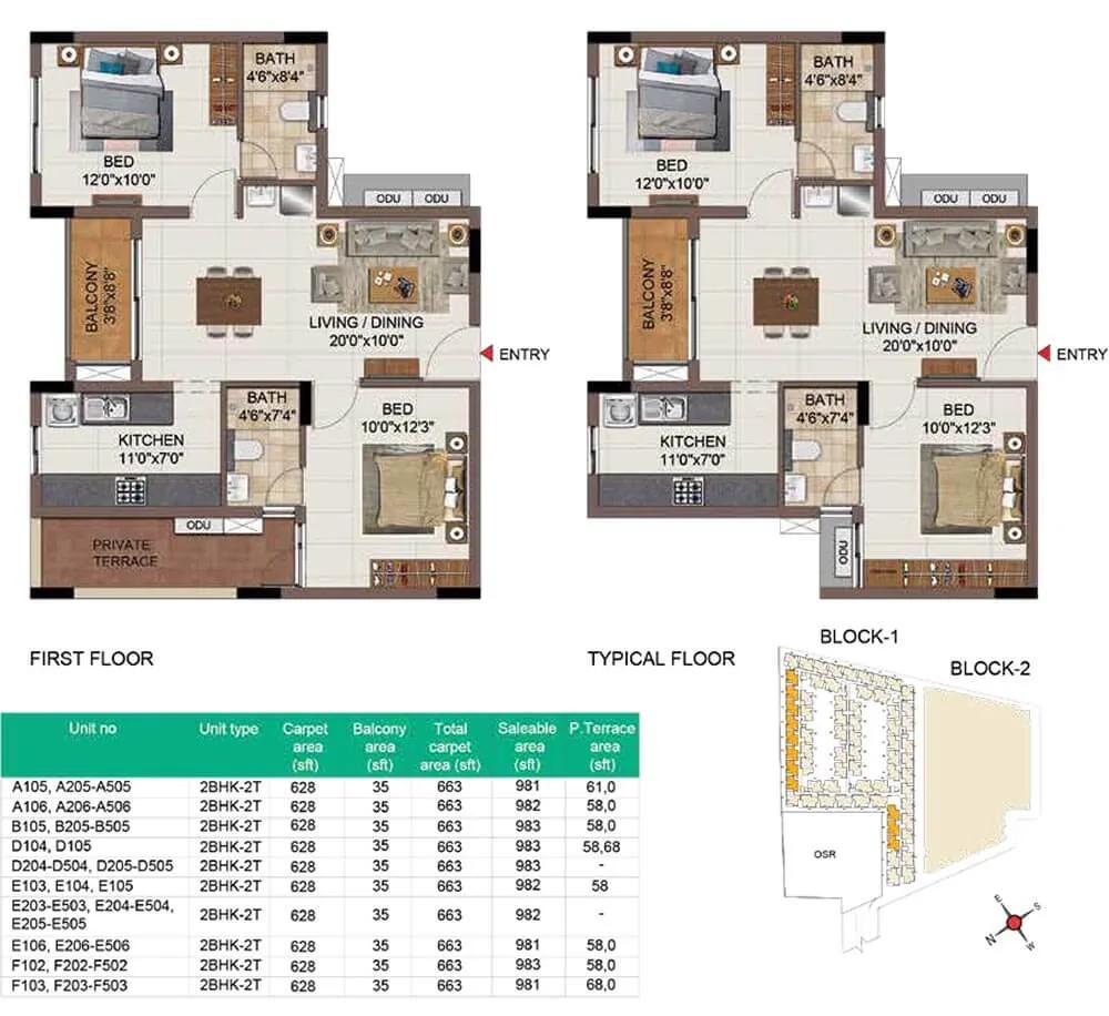 Casagrand SouthBrooke 2 BHK floor plan, about 983 sq ft