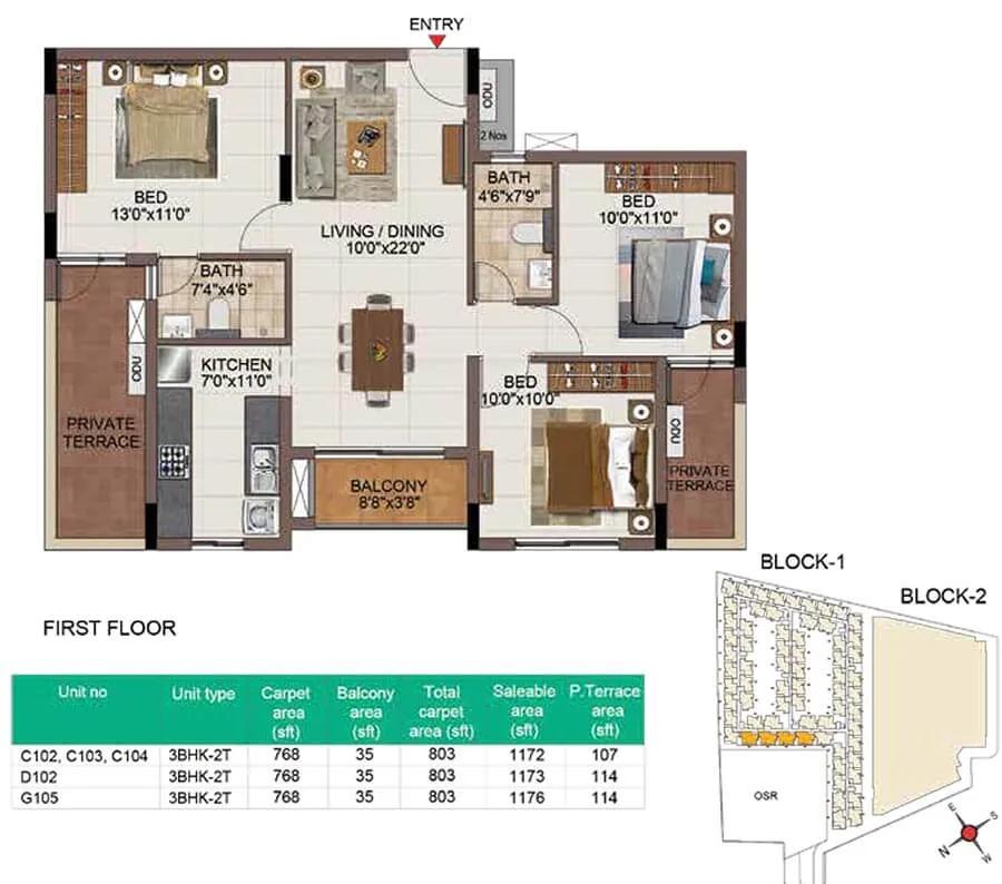 Casagrand SouthBrooke 3 BHK floor plan, about 1,176 sq ft