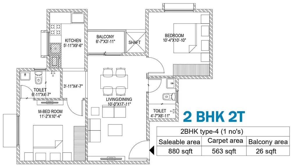 Sattva Bliss 2 BHK floor plan, about 880 sq ft