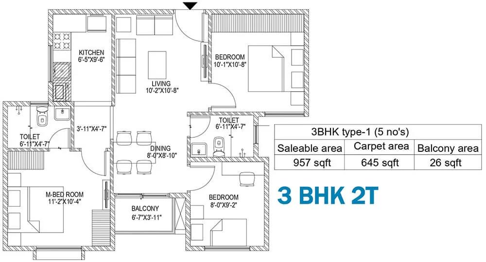 Sattva Bliss 3 BHK floor plan, about 957 sq ft