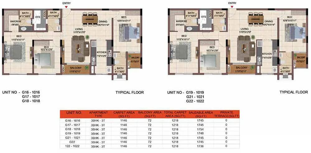 Casagrand Keatsway 3 BHK floor plan, about 1,745 sq ft
