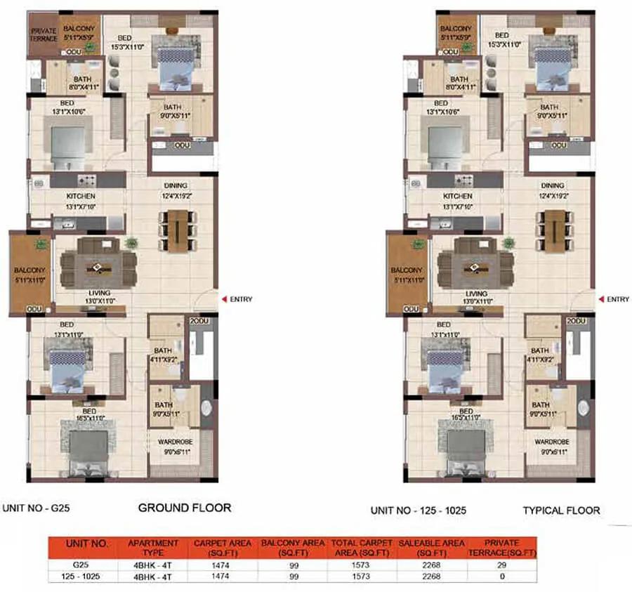 Casagrand Keatsway 4 BHK floor plan, about 2,268 sq ft