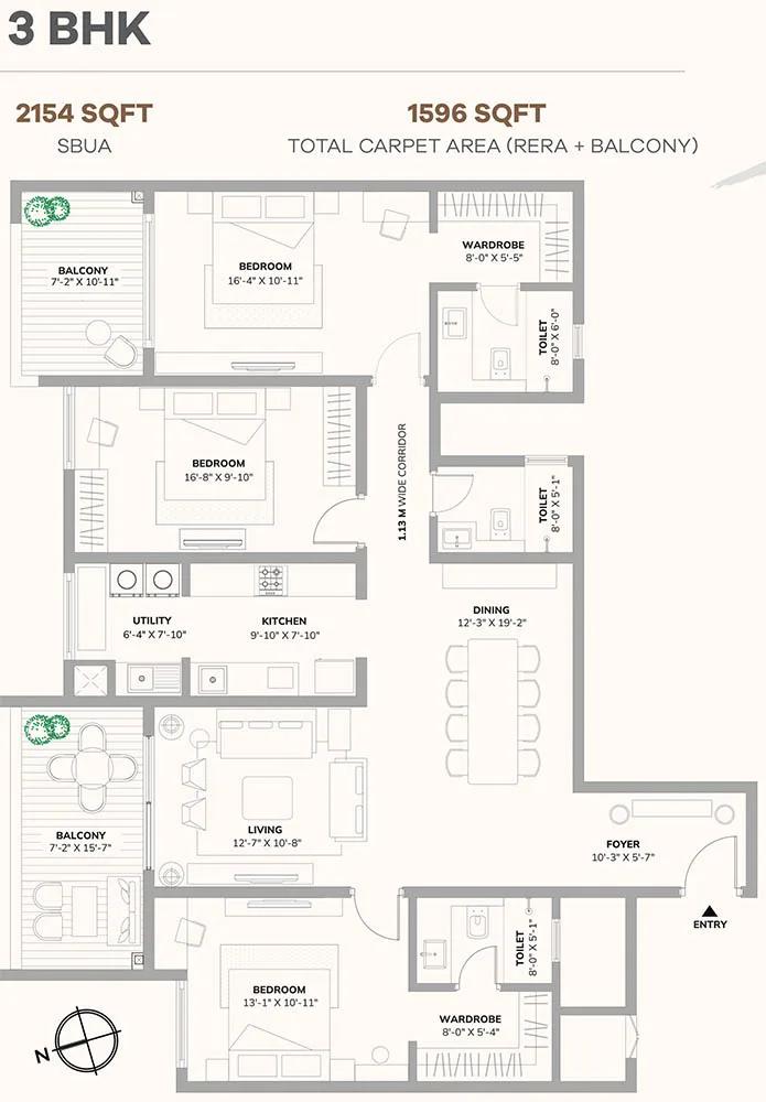 Assetz 66 & Shibui 3 BHK floor plan, about 2,154 sq ft