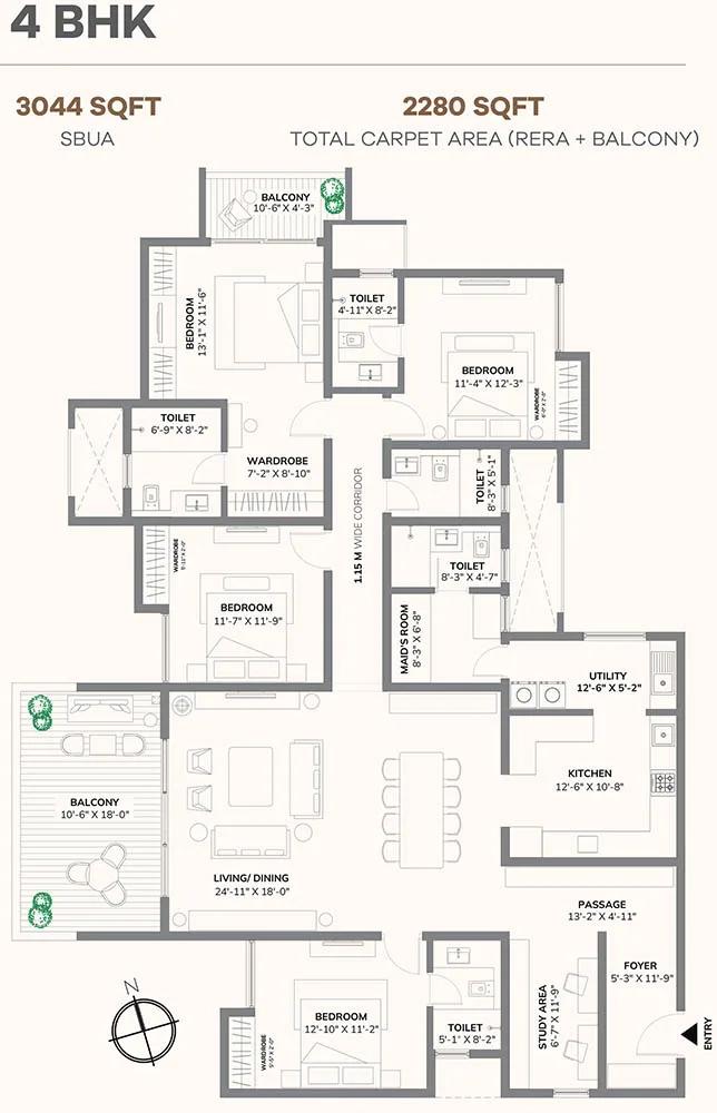 Assetz 66 & Shibui 4 BHK floor plan, about 3,044 sq ft