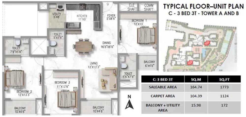 Prestige Marathahalli-Whitefield 3 BHK floor plan, about 1,773 sq ft