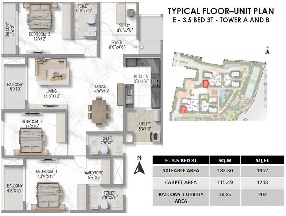 Prestige Marathahalli-Whitefield 3.5 BHK floor plan, about 1,962 sq ft