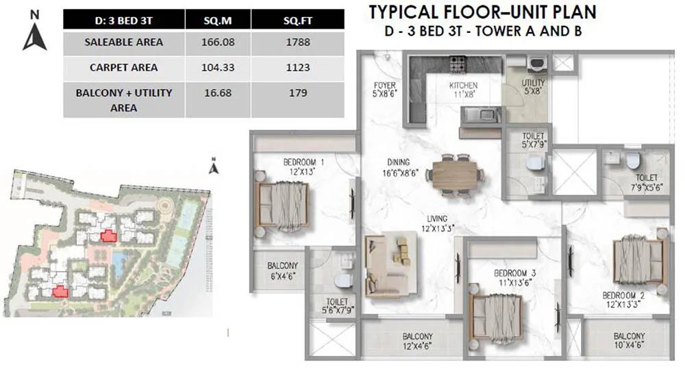 Prestige Marathahalli-Whitefield 3 BHK floor plan, about 1,788 sq ft