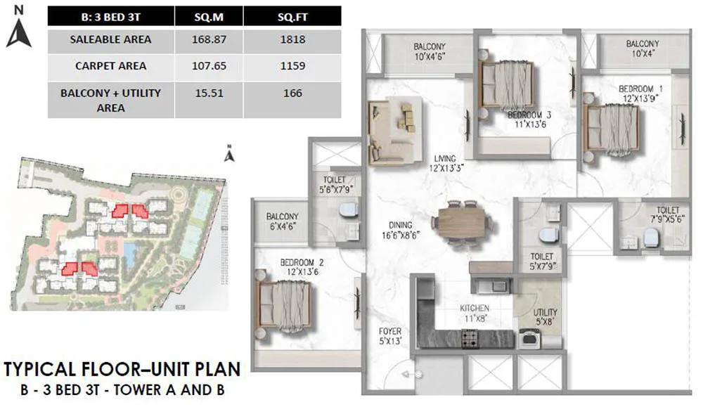 Prestige Marathahalli-Whitefield 3 BHK floor plan, about 1,818 sq ft