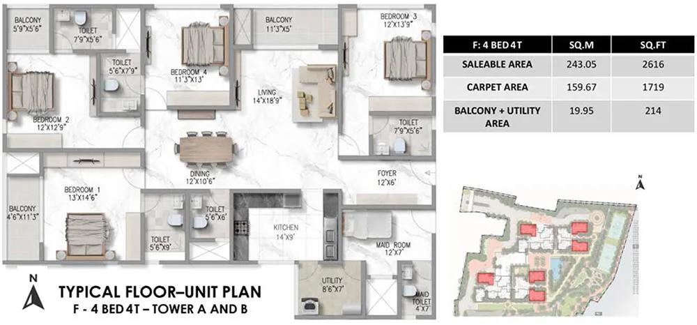 Prestige Marathahalli-Whitefield 4 BHK floor plan, about 2,616 sq ft