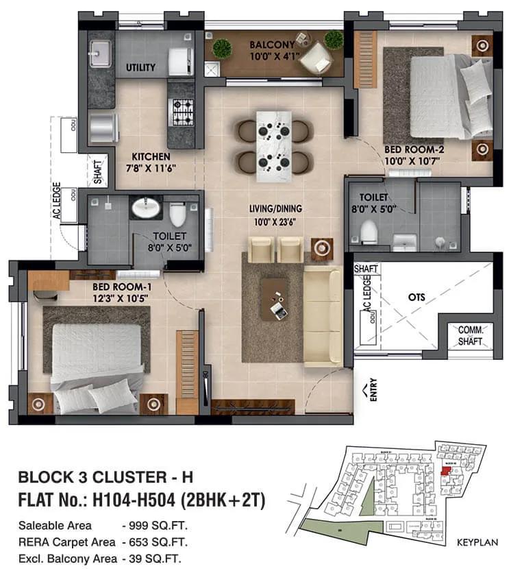 Radiance The Prime 2 BHK floor plan, about 999 sq ft