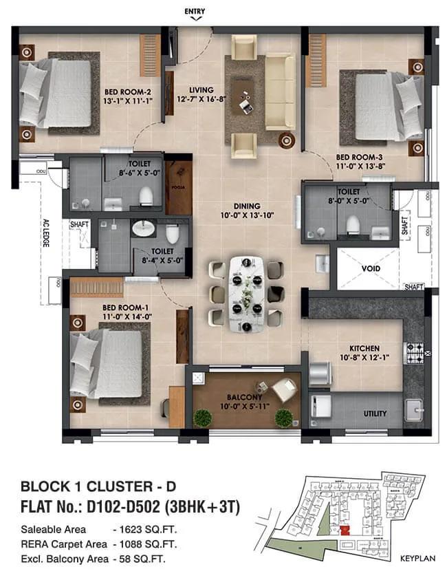 Radiance The Prime 3 BHK floor plan, about 1,623 sq ft
