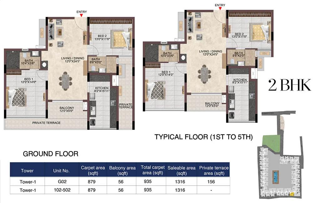 Casagrand Linore 2 BHK floor plan, about 1,316 sq ft