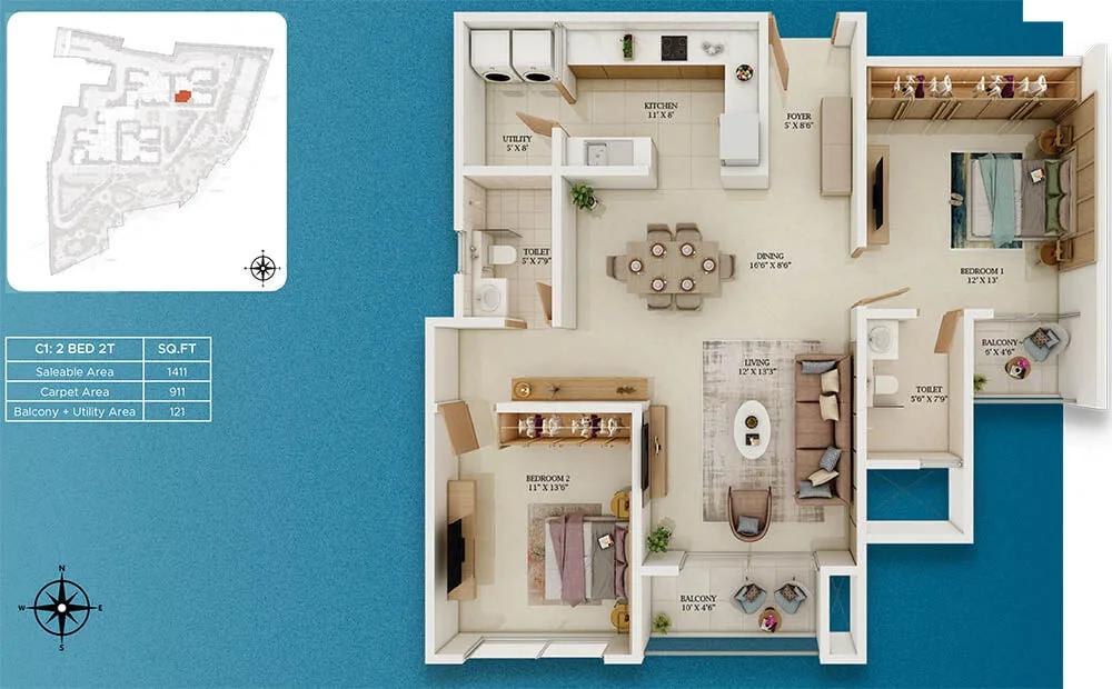 Prestige Somerville 2 BHK floor plan, about 1,411 sq ft
