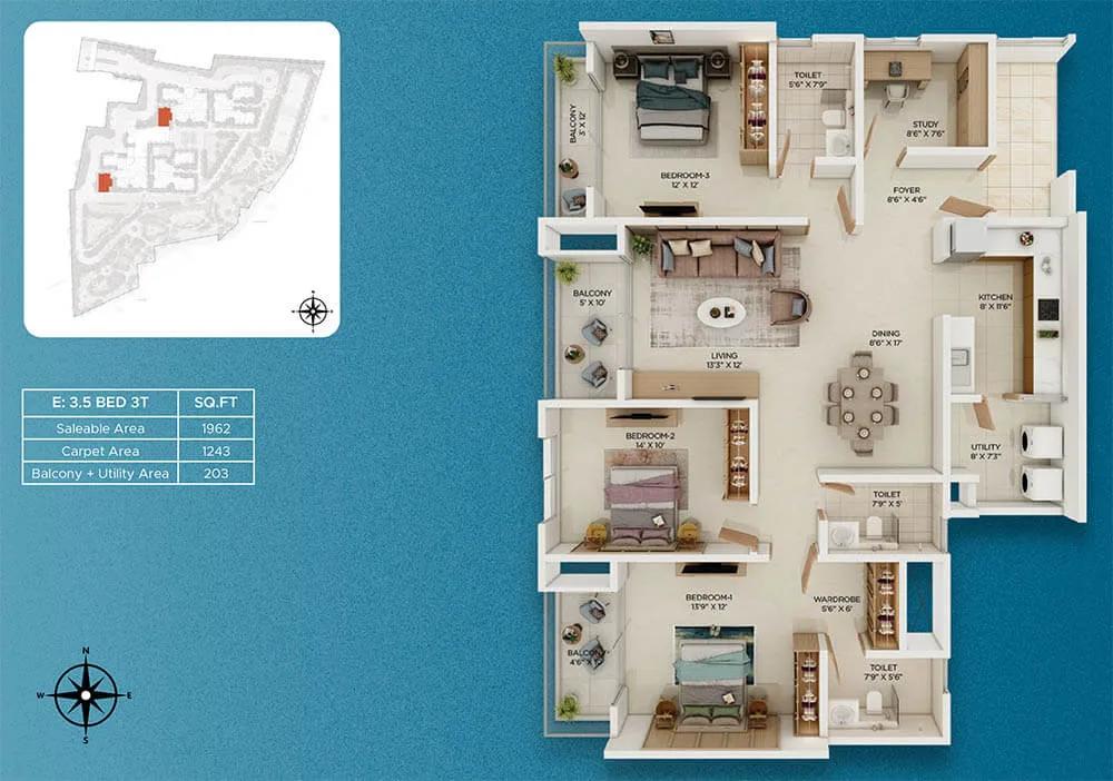 Prestige Somerville 3.5 BHK floor plan, about 1,962 sq ft