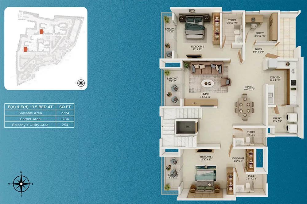 Prestige Somerville 3.5 BHK floor plan, about 2,724 sq ft