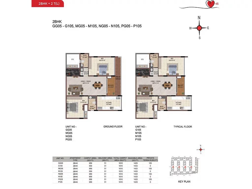 Casagrand Amor 2 BHK floor plan, about 1,433 sq ft