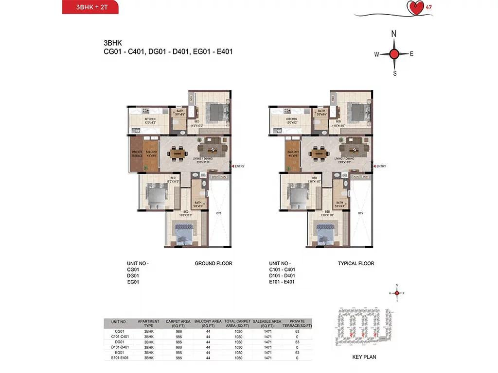 Casagrand Amor 3 BHK floor plan, about 1,471 sq ft