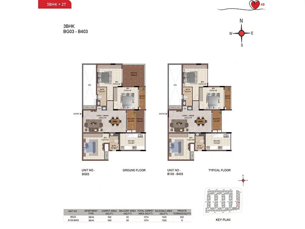Casagrand Amor 3 BHK floor plan, about 1,526 sq ft
