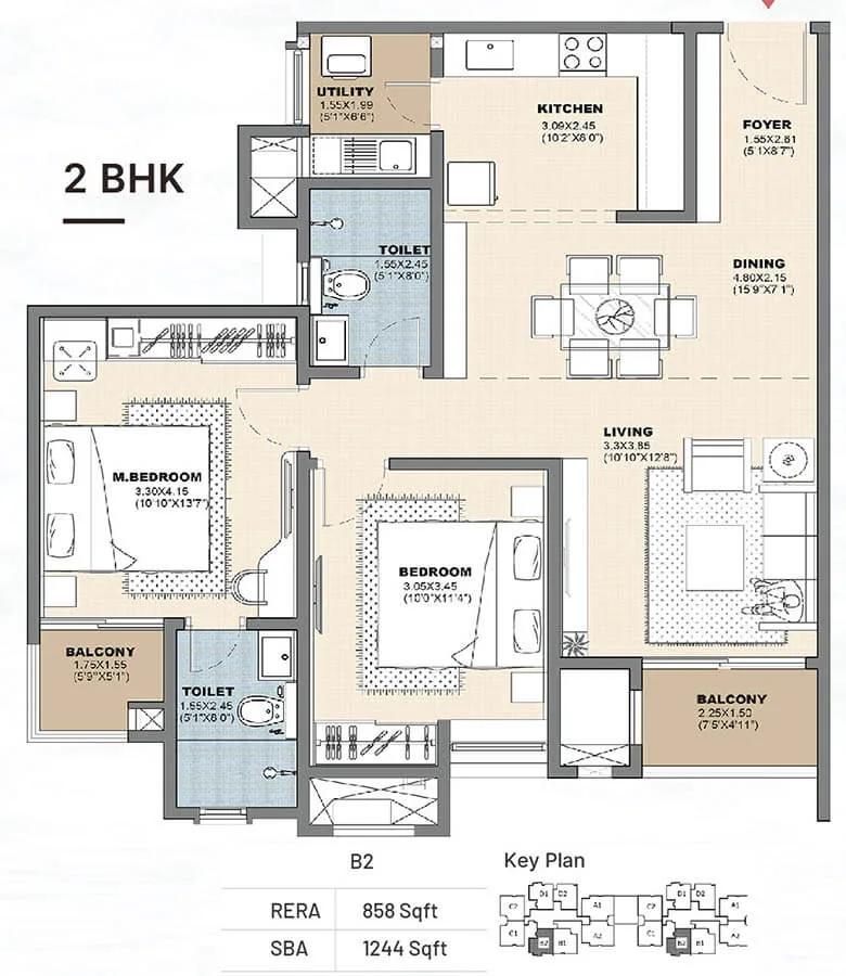Vajram Newtown 2.0 2 BHK floor plan, about 1,244 sq ft