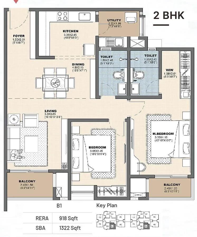 Vajram Newtown 2.0 2 BHK floor plan, about 1,322 sq ft