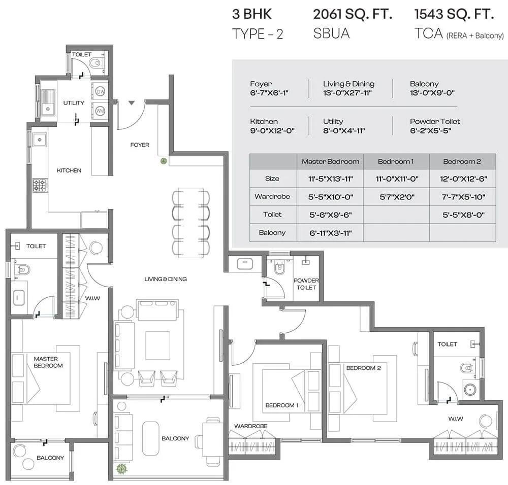 Assetz Meru & Meadow 3 BHK floor plan, about 2,061 sq ft