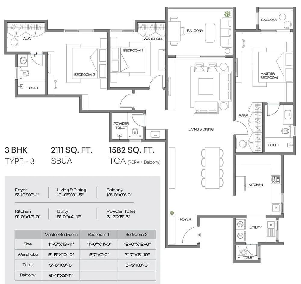 Assetz Meru & Meadow 3 BHK floor plan, about 2,111 sq ft