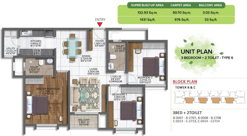 Brigade Sanctuary 3 BHK floor plan, about 1,431 sq ft
