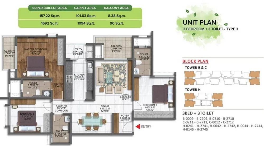 Brigade Sanctuary 3 BHK floor plan, about 1,692 sq ft