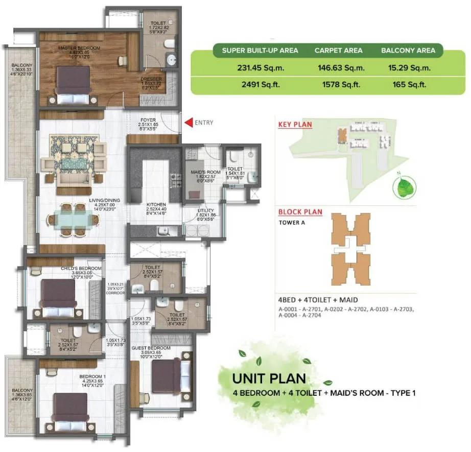 Brigade Sanctuary 4 BHK floor plan, about 2,491 sq ft