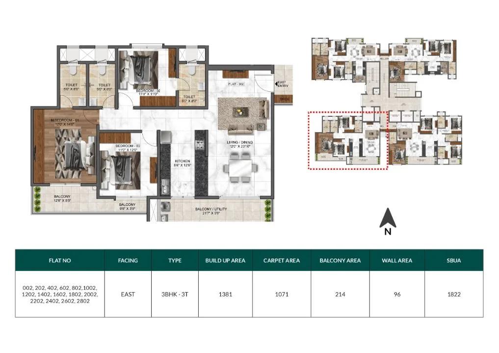 Mana Dale 3 BHK floor plan, about 1,822 sq ft