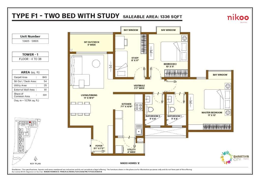 Nikoo Homes 5 Phase 2 2.5 BHK floor plan, about 1,336 sq ft