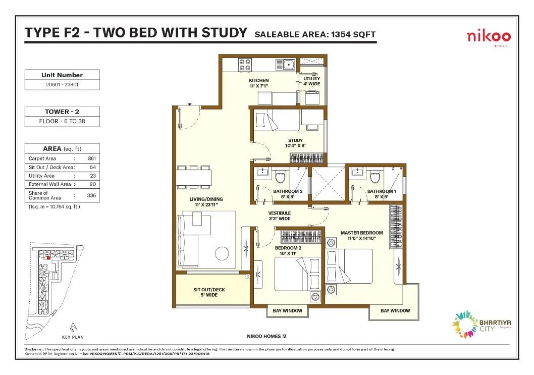 Nikoo Homes 5 Phase 2 2.5 BHK floor plan, about 1,354 sq ft