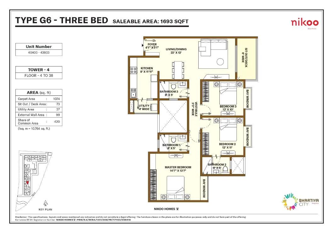 Nikoo Homes 5 Phase 2 3 BHK floor plan, about 1,693 sq ft