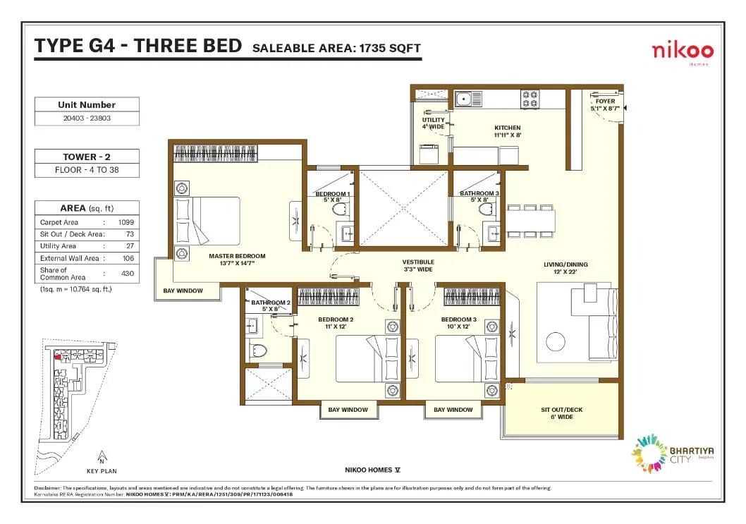 Nikoo Homes 5 Phase 2 3 BHK floor plan, about 1,735 sq ft