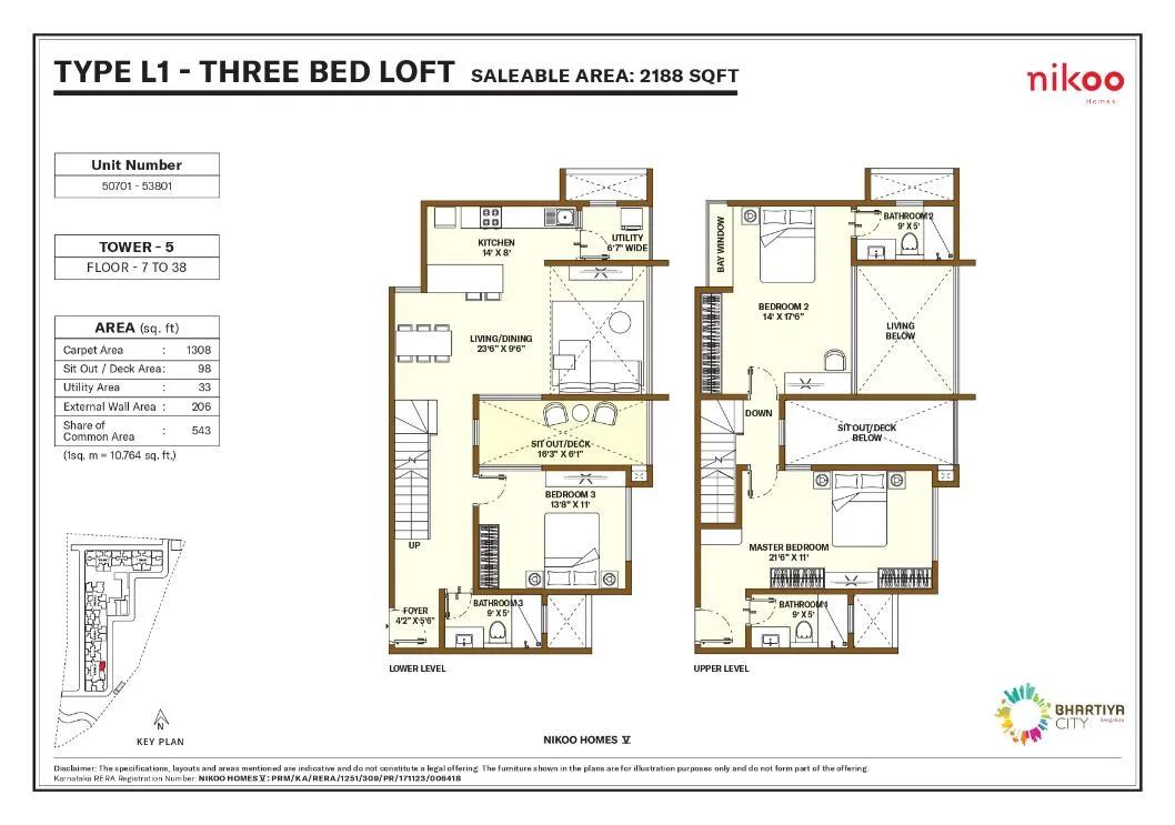 Nikoo Homes 5 Phase 2 3 BHK floor plan, about 2,188 sq ft