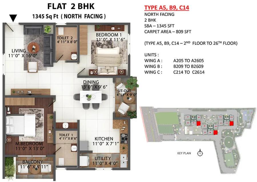 Abhee Celestial City 2 BHK floor plan, about 1,345 sq ft