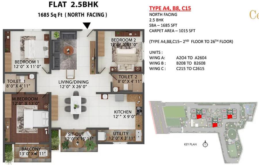 Abhee Celestial City 2.5 BHK floor plan, about 1,685 sq ft