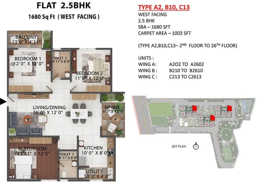 Abhee Celestial City 2.5 BHK floor plan, about 1,680 sq ft