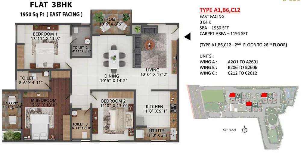 Abhee Celestial City 3 BHK floor plan, about 1,950 sq ft