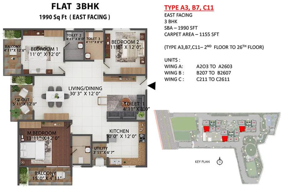 Abhee Celestial City 3 BHK floor plan, about 1,990 sq ft