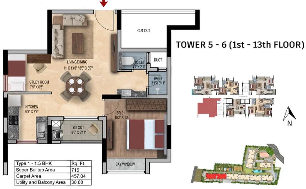 SNN Estates Felicity 1.5 BHK floor plan, about 715 sq ft