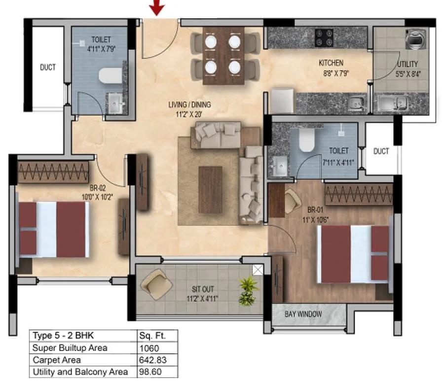 SNN Estates Felicity 2 BHK floor plan, about 1,060 sq ft