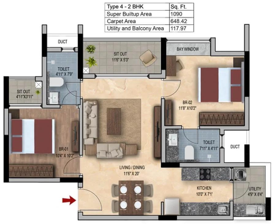 SNN Estates Felicity 2 BHK floor plan, about 1,090 sq ft