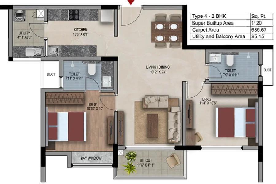 SNN Estates Felicity 2 BHK floor plan, about 1,120 sq ft